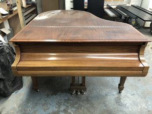 Steinway M Grand BEFORE Complete refinishing with gorgeous ebony satin finish. Hardware polish.