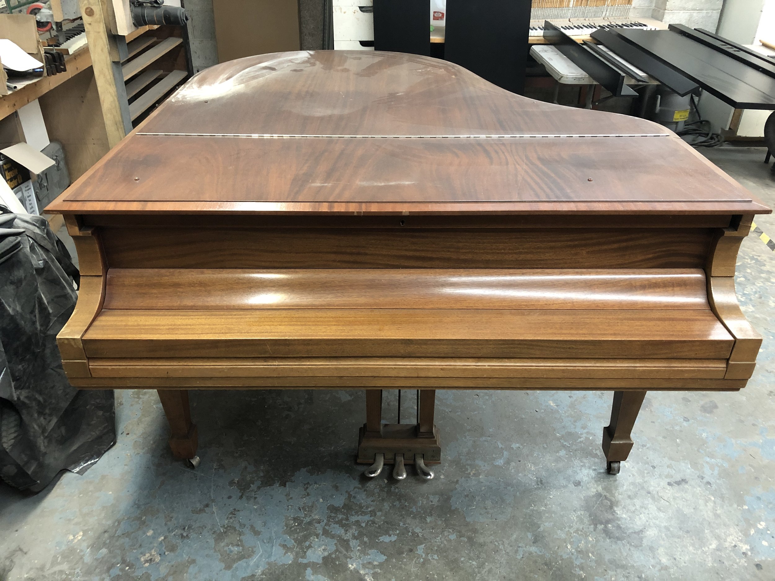 Steinway M Grand BEFORE Complete refinishing with gorgeous ebony satin finish. Hardware polish.